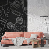 Black and white kitchen wallpaper adding style to modern dining area