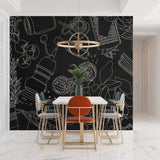 Minimalist kitchen line art wallpaper displayed in open-plan kitchen layout