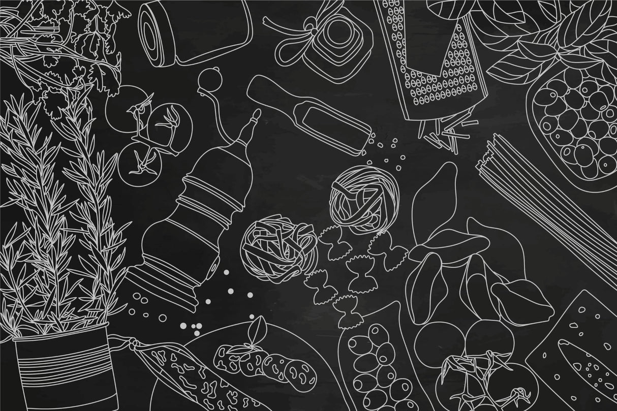 Black and white kitchen line art wallpaper design file showing detailed pattern and motifs