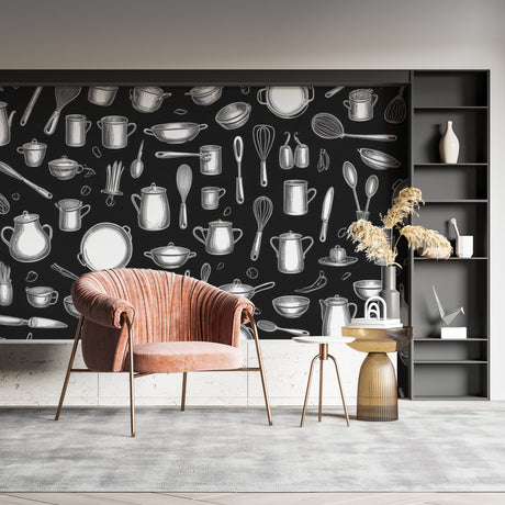 Kitchen wallpaper with black and white utensils pattern shown in modern open-plan kitchen
