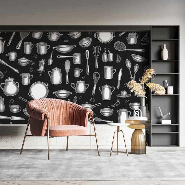 Kitchen wallpaper with black and white utensils pattern shown in modern open-plan kitchen