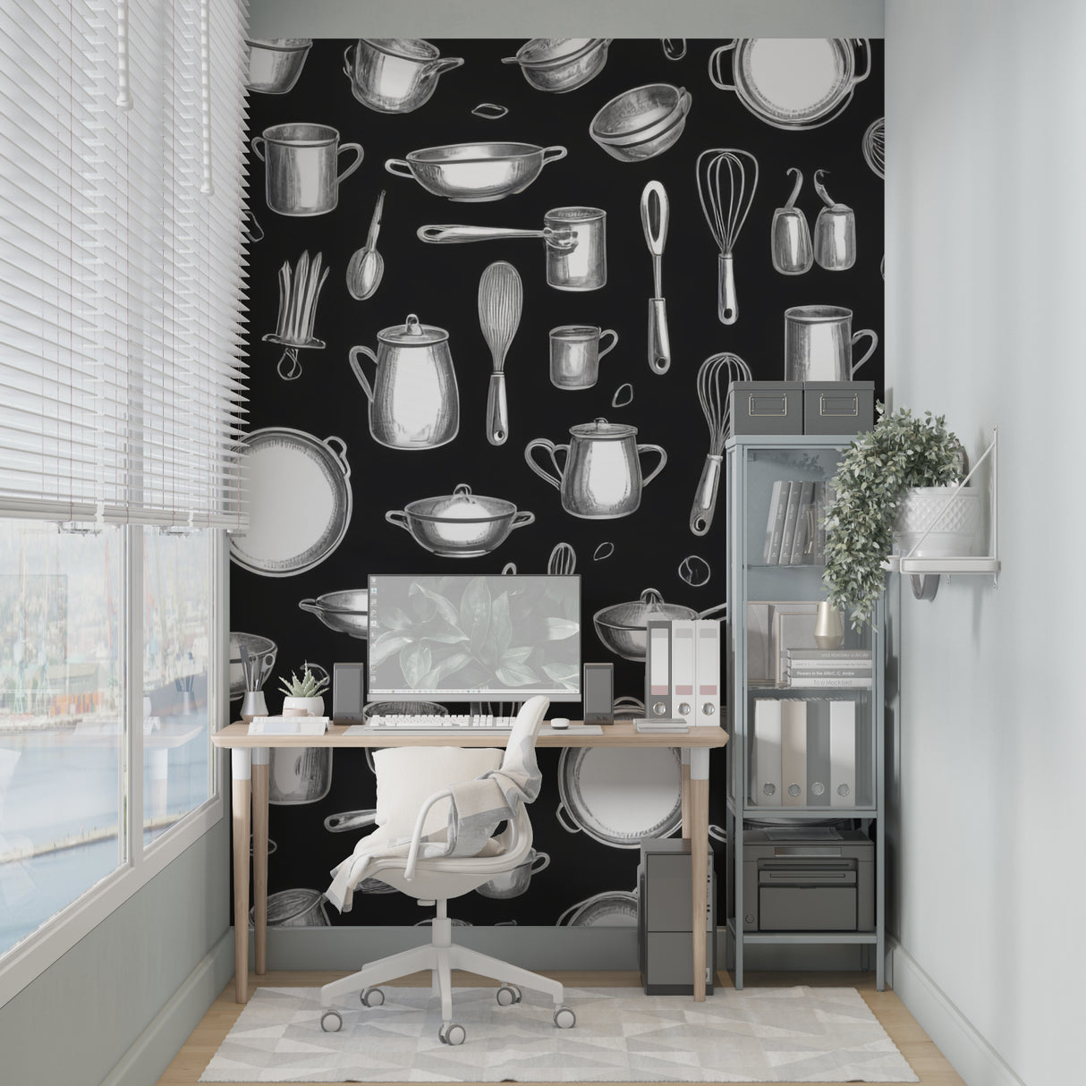 Black and white kitchen mural displayed in cozy breakfast nook setting