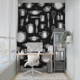 Black and white kitchen mural displayed in cozy breakfast nook setting
