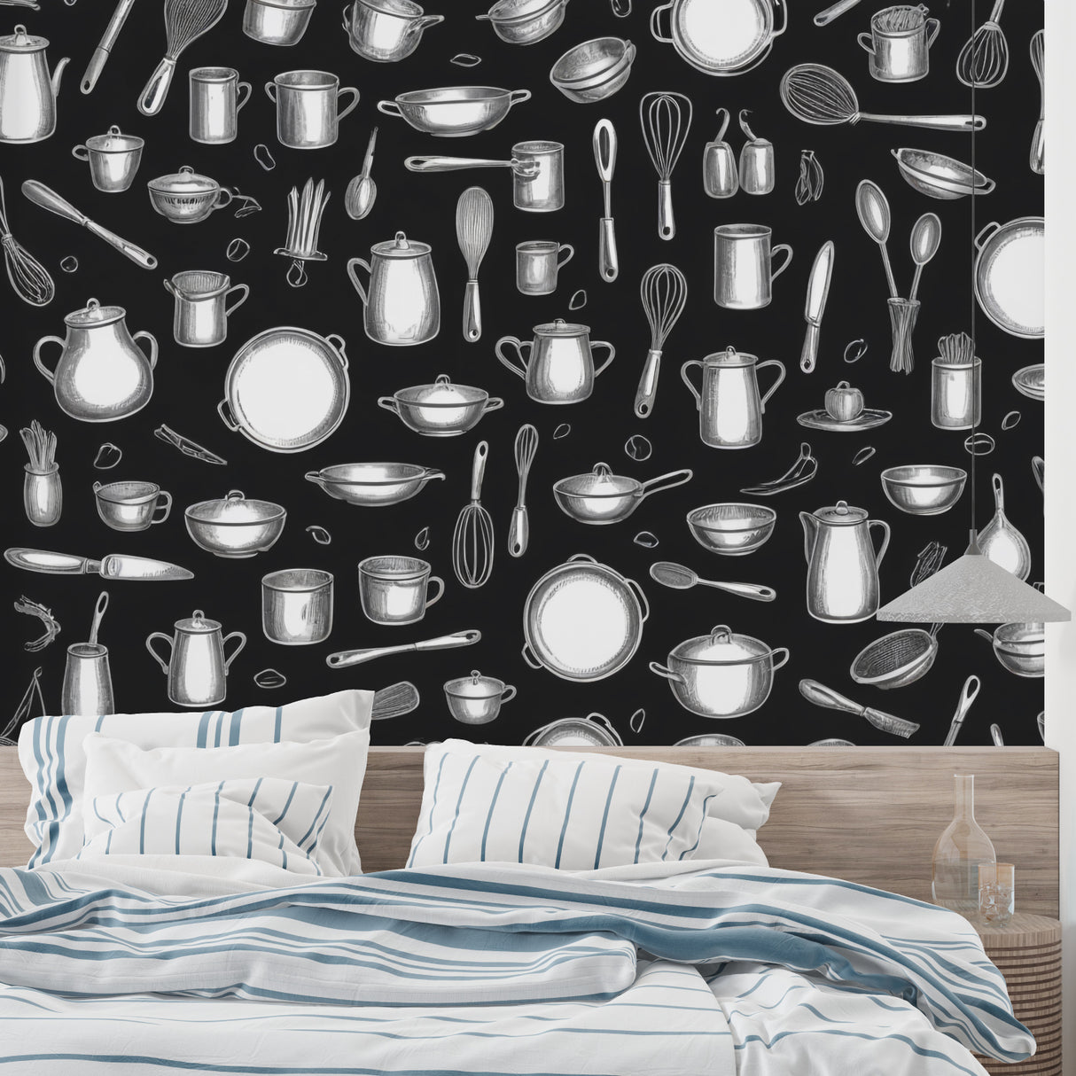Modern kitchen wallpaper featuring utensils pattern in contemporary dining space