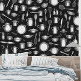 Modern kitchen wallpaper featuring utensils pattern in contemporary dining space