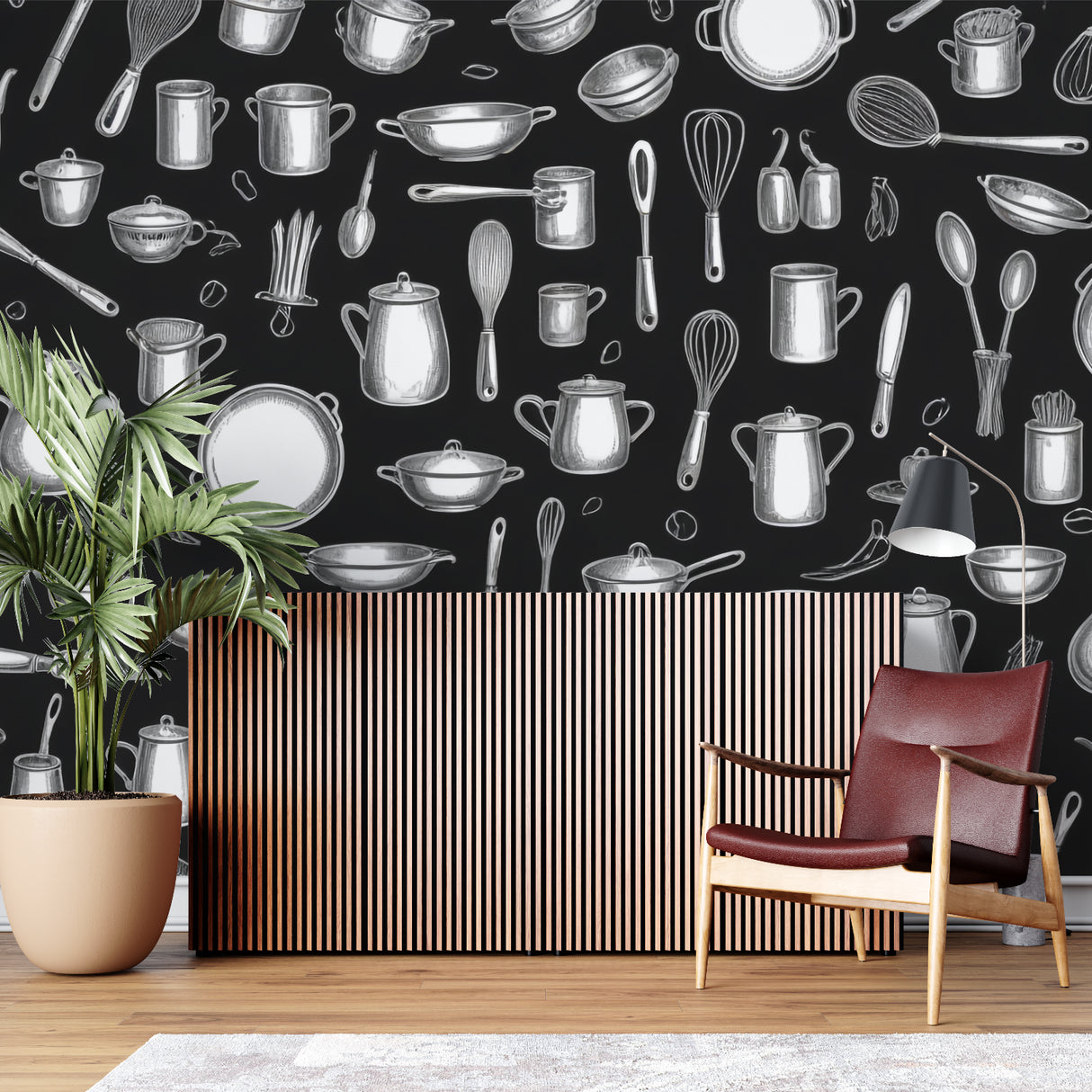 Kitchen wall mural with utensils design shown in professional cooking school
