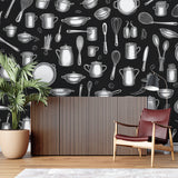 Kitchen wall mural with utensils design shown in professional cooking school