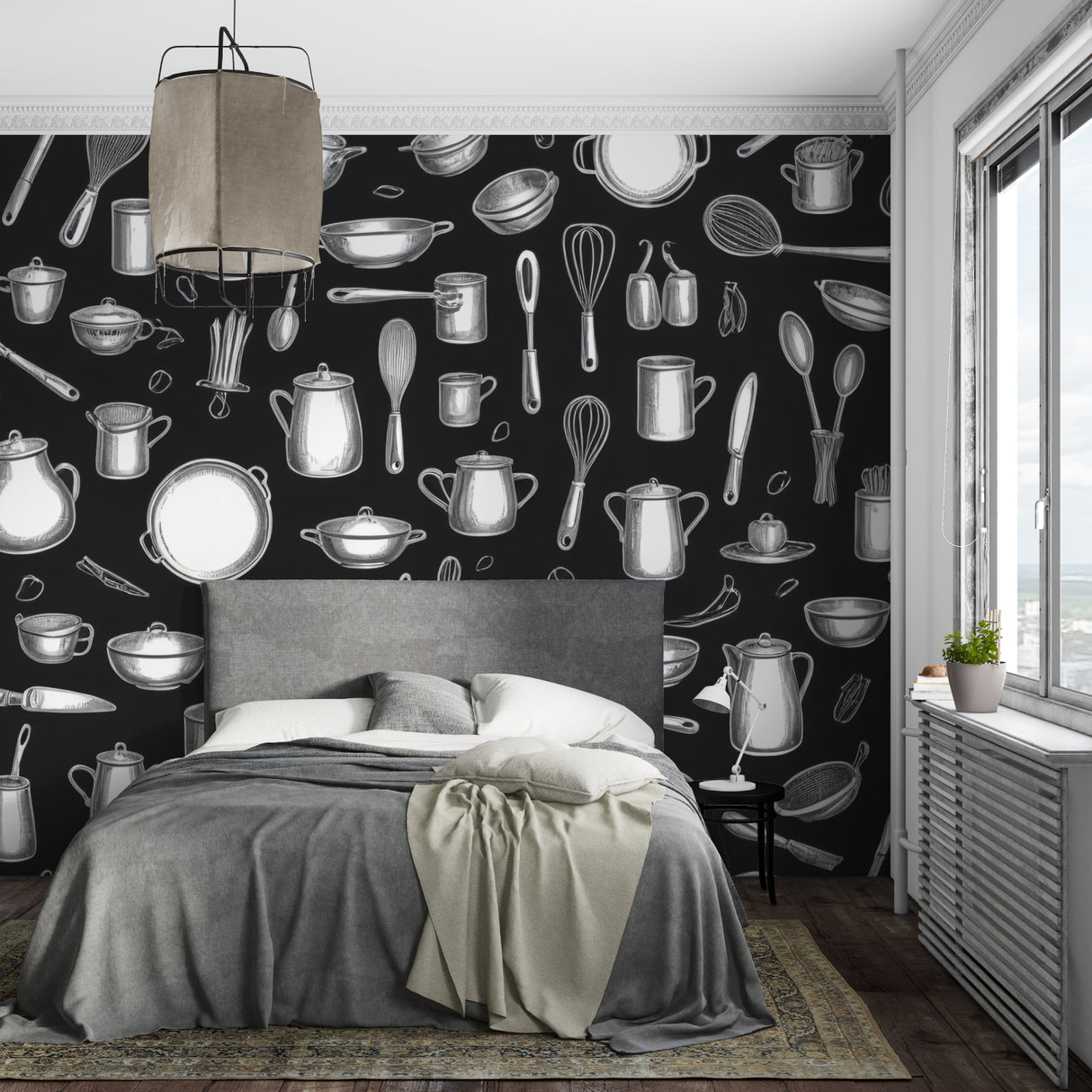 Black and white kitchen wallpaper showcased in restaurant entrance