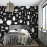 Black and white kitchen wallpaper showcased in restaurant entrance