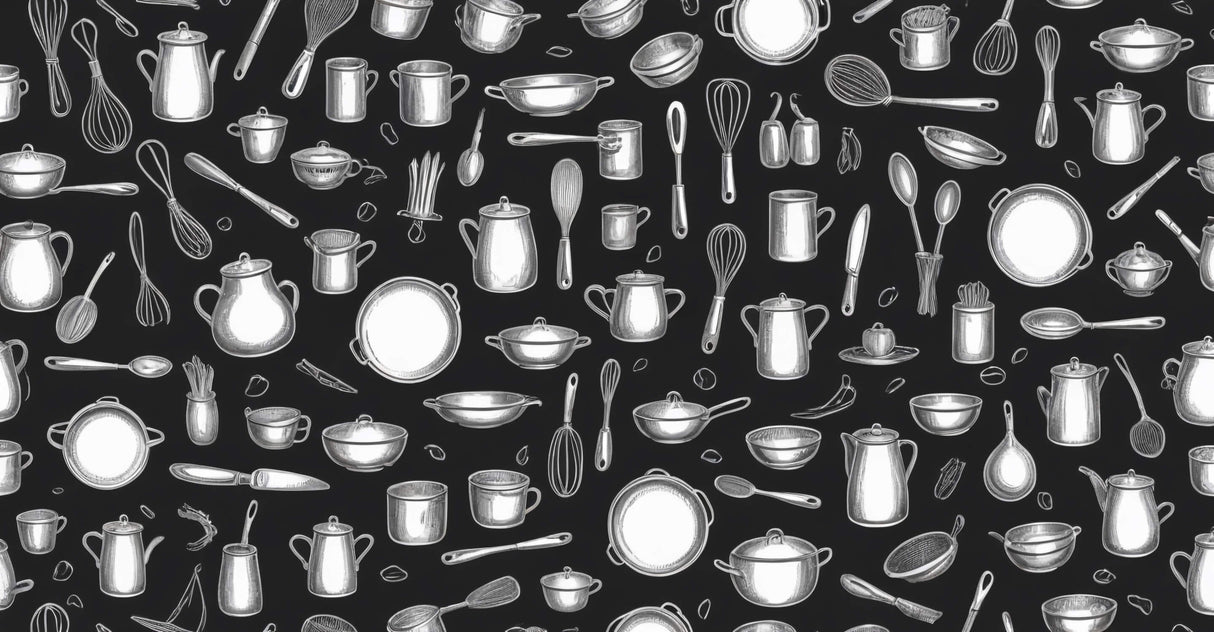 Kitchen utensils pattern design file showing detailed black and white illustrations