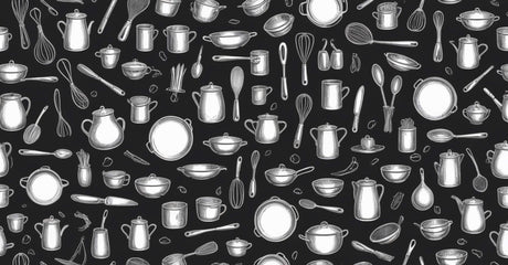 Kitchen utensils pattern design file showing detailed black and white illustrations