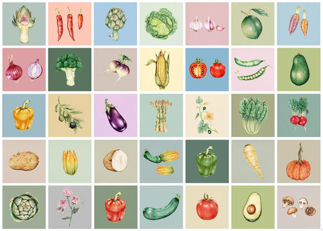 Watercolor vegetable pattern design file showing detailed botanical illustrations in grid layout