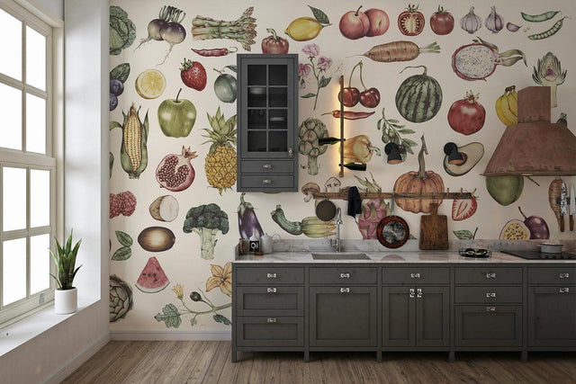 Botanical kitchen wallpaper bringing life to a modern white cooking space with vintage fruit and vegetable illustrations