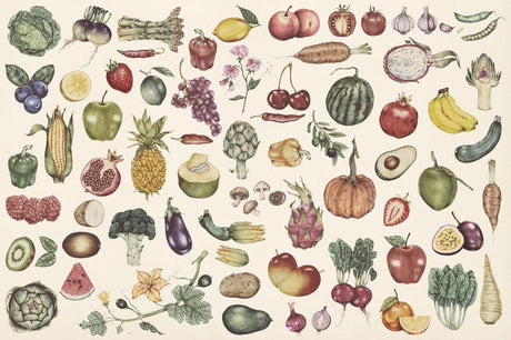 Kitchen wallpaper design file featuring hand-drawn vintage botanical fruits and vegetables pattern