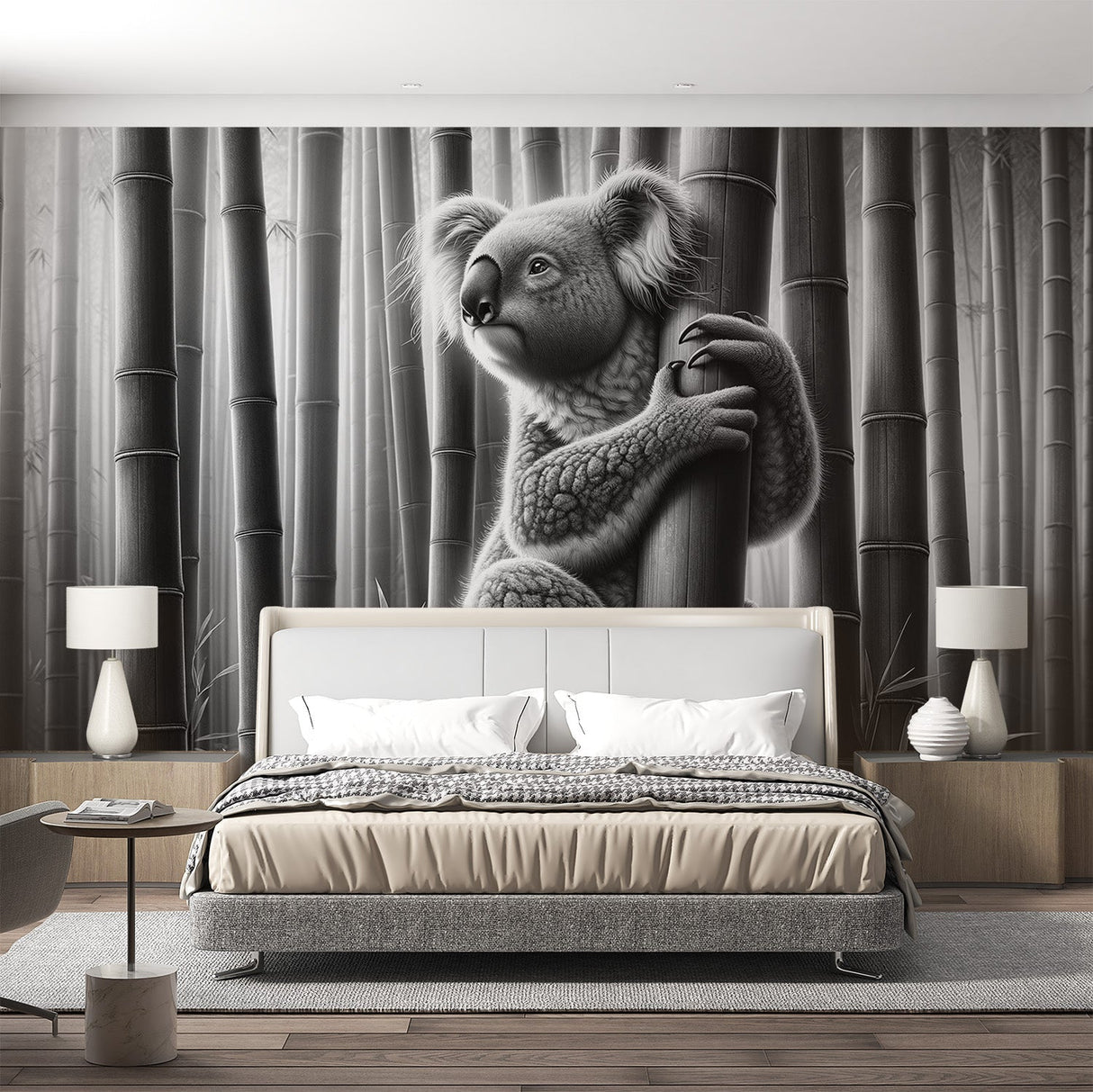 Black and white koala wallpaper creating a serene atmosphere in a modern living room with minimalist furniture