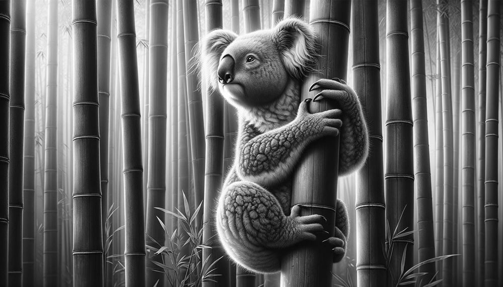 Black and white koala design file showing detailed bamboo forest pattern and realistic animal artwork