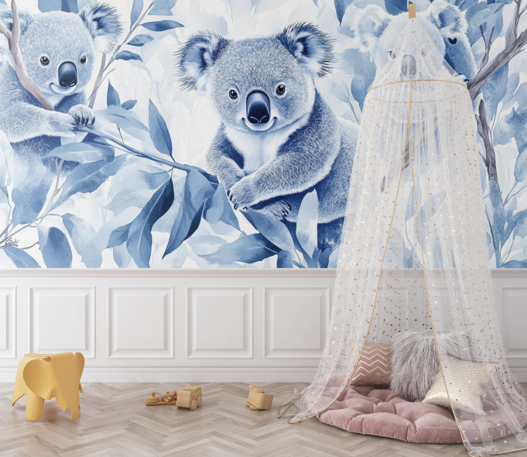 Blue koala wall mural creating a peaceful atmosphere in a child's reading nook