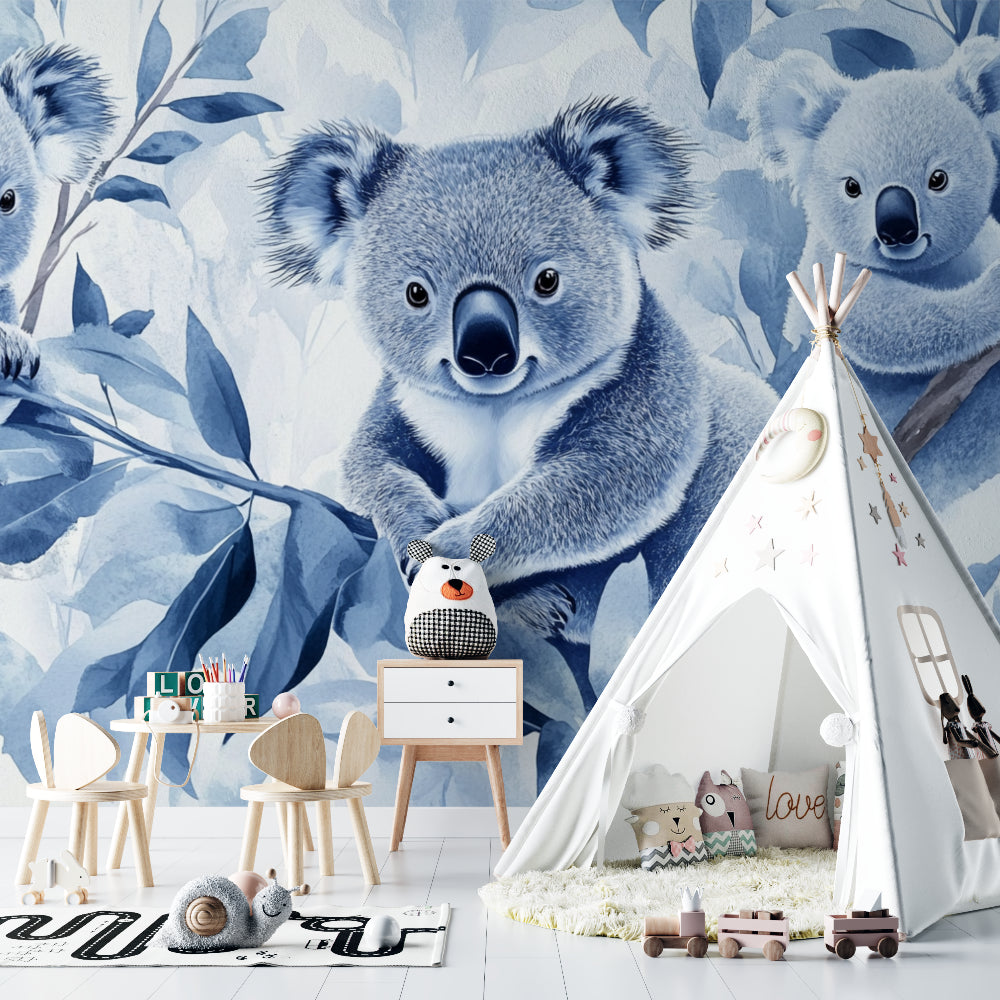 Eucalyptus forest wallpaper with koalas creating depth in a modern living space