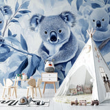Eucalyptus forest wallpaper with koalas creating depth in a modern living space