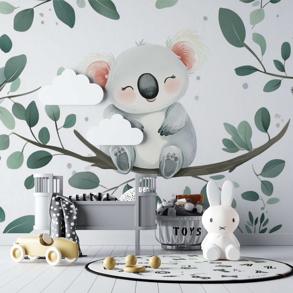 Sweet koala wallpaper creating a reading nook in a toddler's bedroom