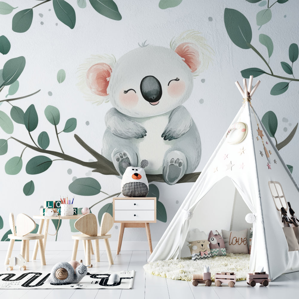 Australian koala wallpaper styled in a gender-neutral nursery
