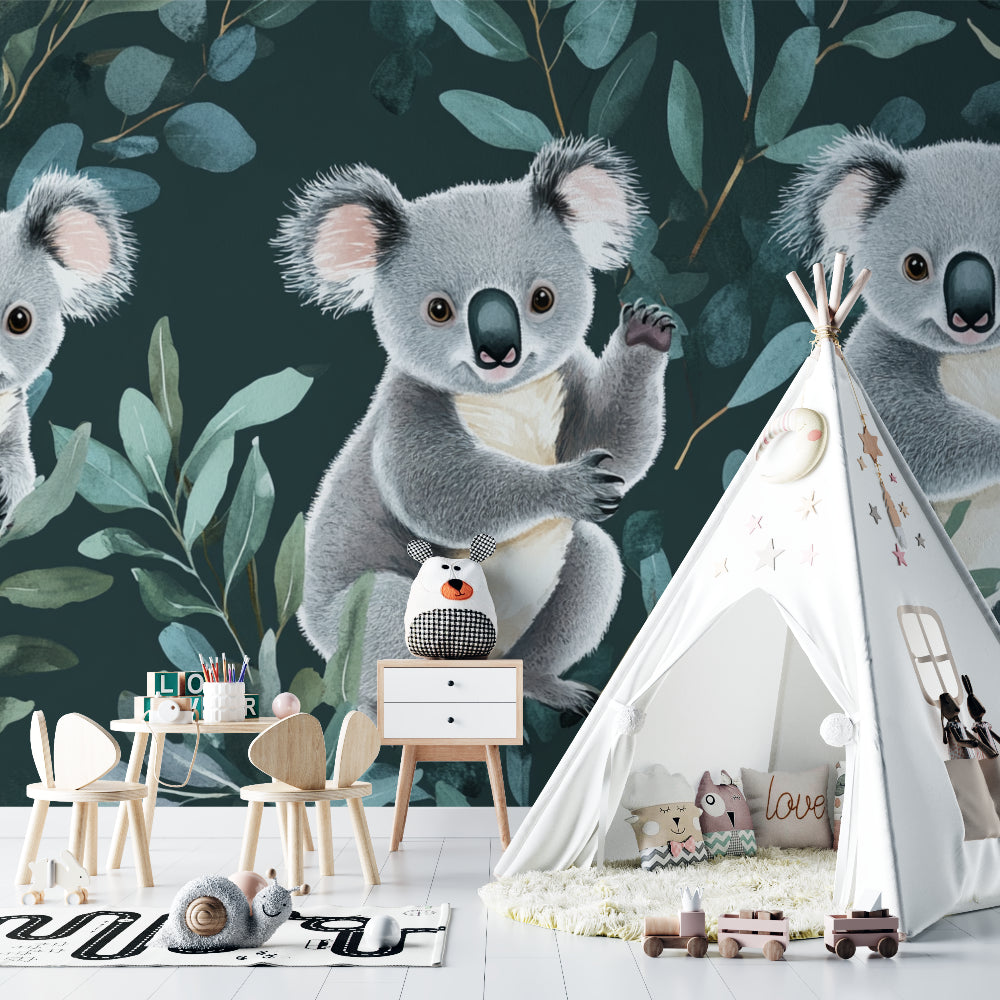 Koala bear mural adding charm to a playroom with natural light