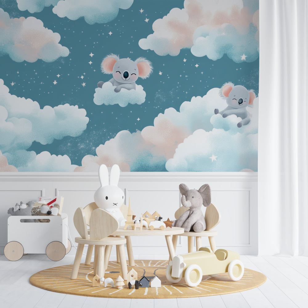 Playroom decorated with sweet koala and stars wallpaper design