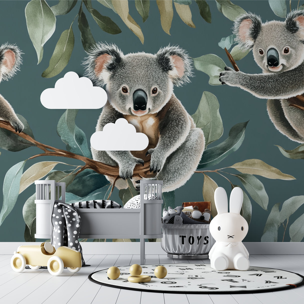 Australian wildlife mural in children's bedroom with reading nook