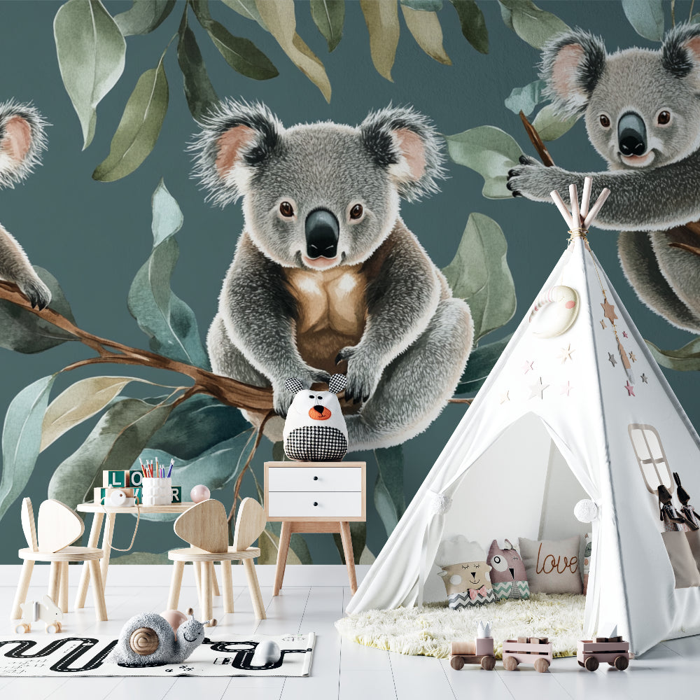 Koala wall mural in playroom with educational toys and natural decor