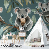 Koala wall mural in playroom with educational toys and natural decor
