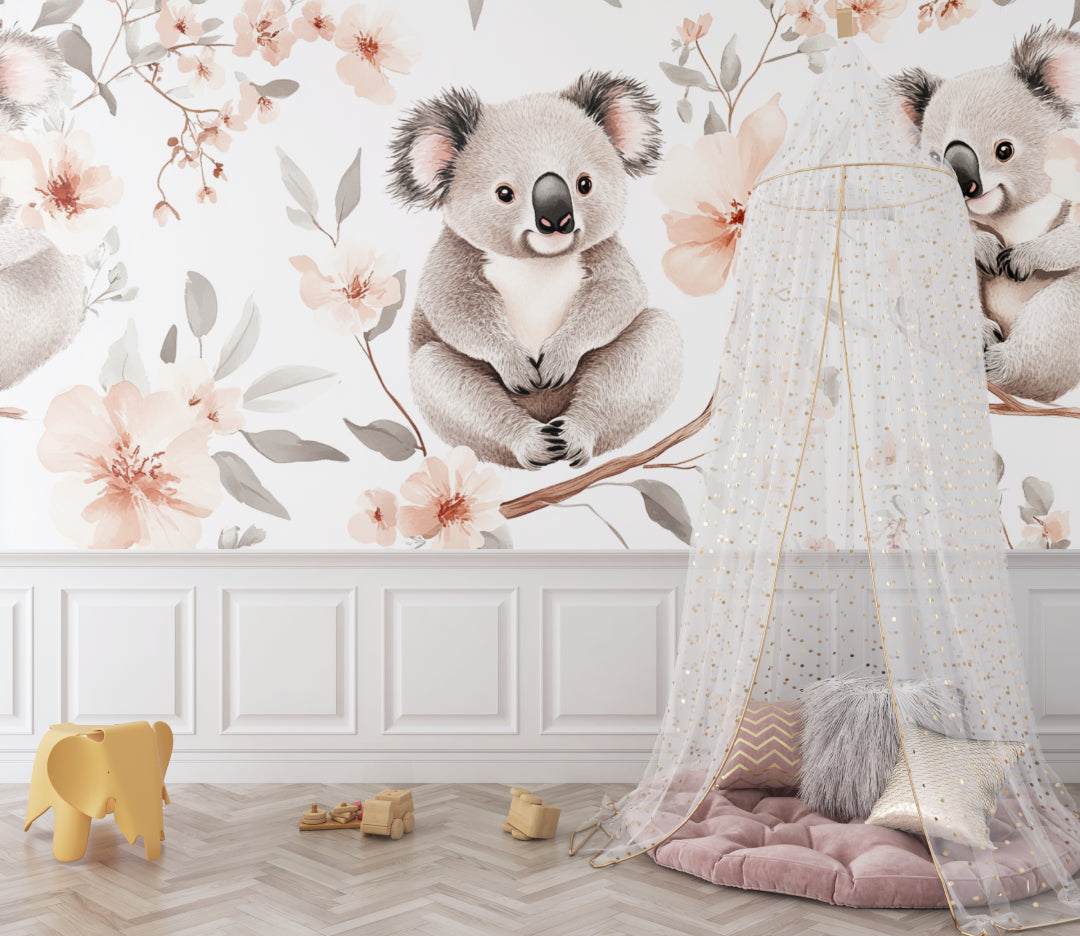 Cherry blossom koala wallpaper creating a peaceful atmosphere in a toddler's bedroom