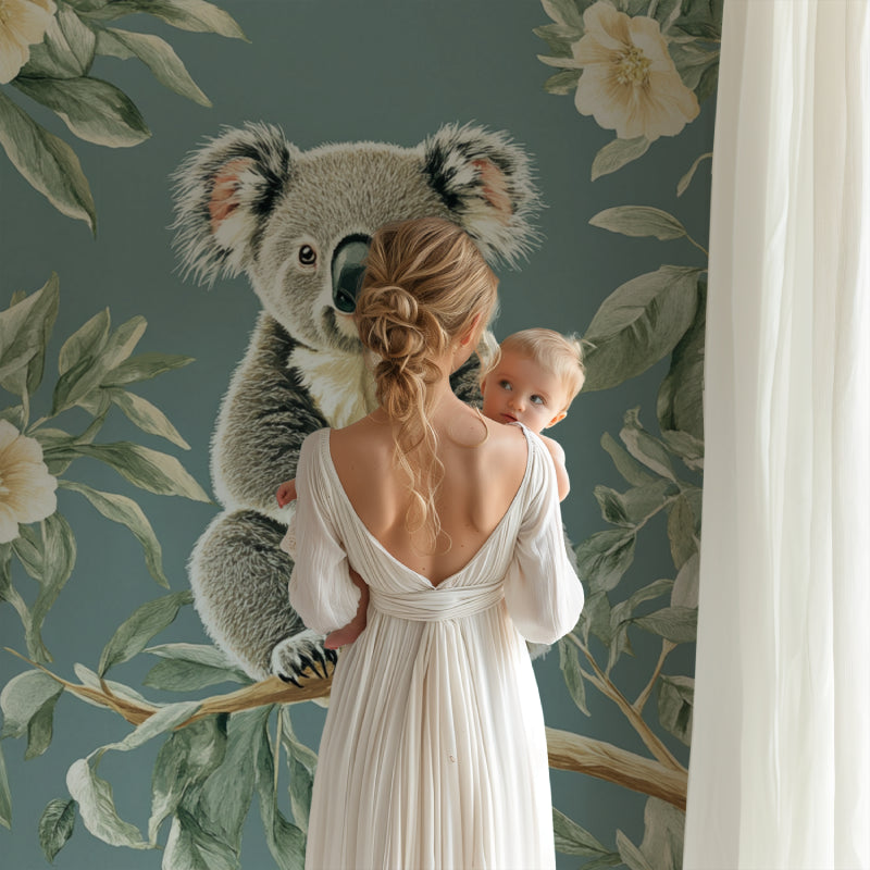 Sweet koala nursery wallpaper displayed in a reading nook with natural lighting