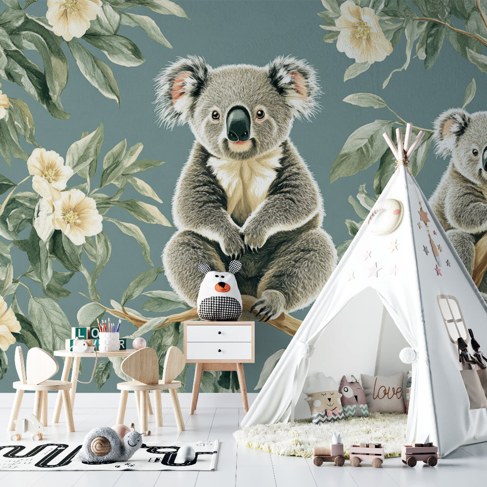 Forest animal wallpaper bringing charm to a children's bedroom with wooden accents