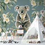 Forest animal wallpaper bringing charm to a children's bedroom with wooden accents