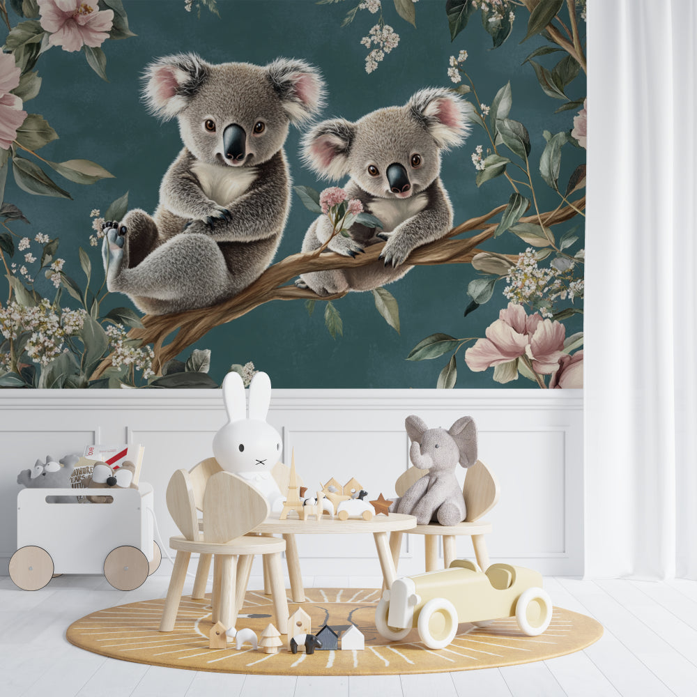 Baby koala wall mural creating a cozy reading nook in a children's bedroom