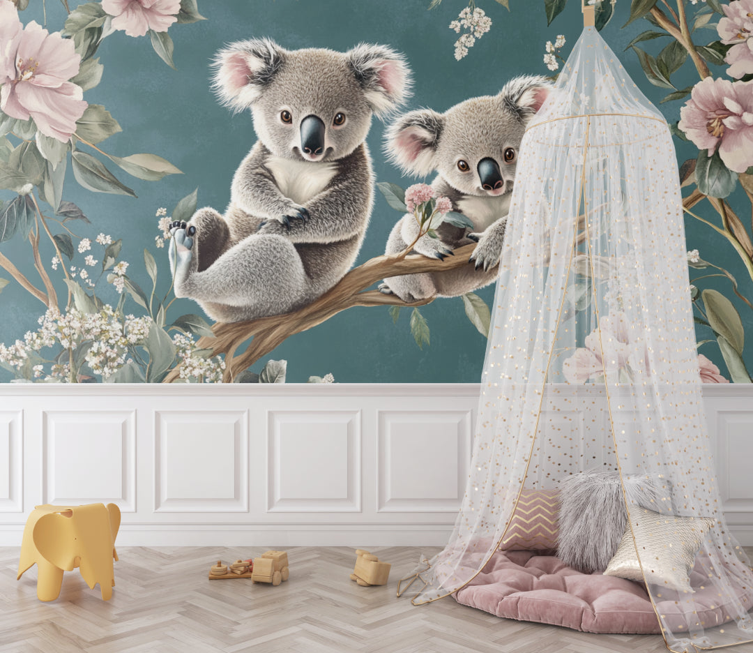 Australian koala mural wallpaper adding warmth to a play area with pink accents
