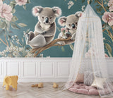 Australian koala mural wallpaper adding warmth to a play area with pink accents