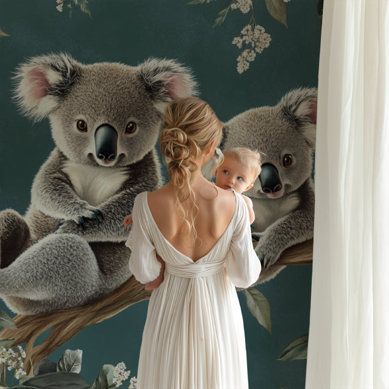 Koala nursery wallpaper transforming a white bedroom into a nature-inspired haven