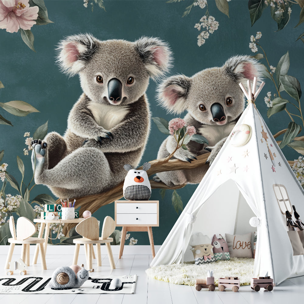 Baby bear wallpaper making a statement in a minimalist kids room design
