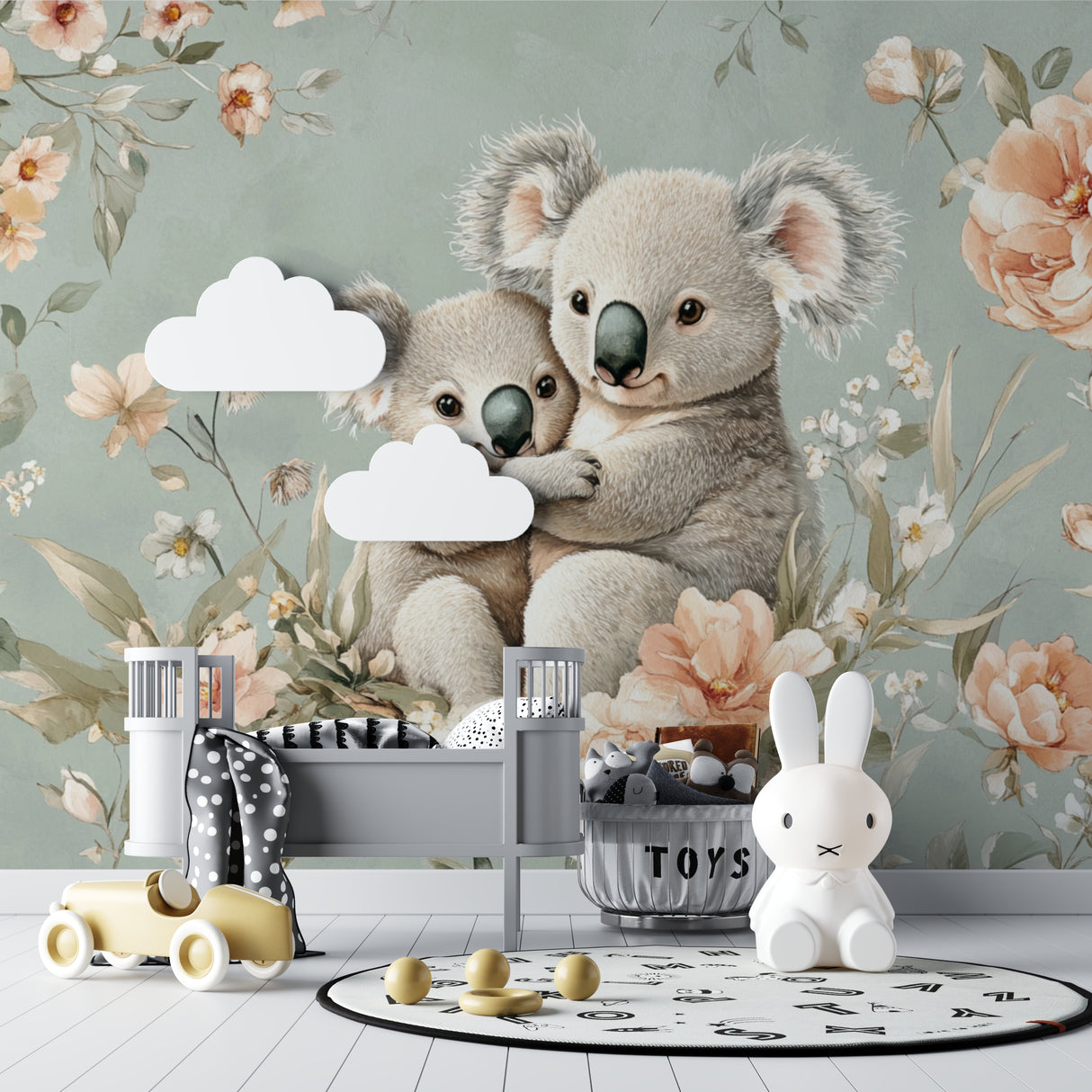Pastel koala wallpaper bringing charm to a baby girl's nursery
