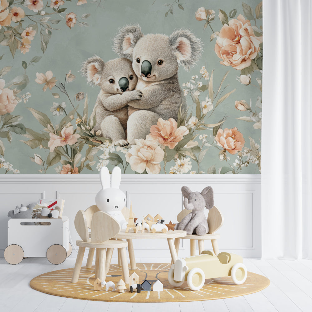Floral koala design transforming a playroom wall with soft pastels