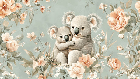 Design file of cuddling koalas with pastel flowers and sage green background
