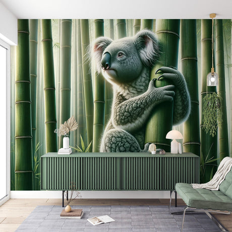 Koala wallpaper mural creating a peaceful atmosphere in a modern nursery with natural light and wooden furniture