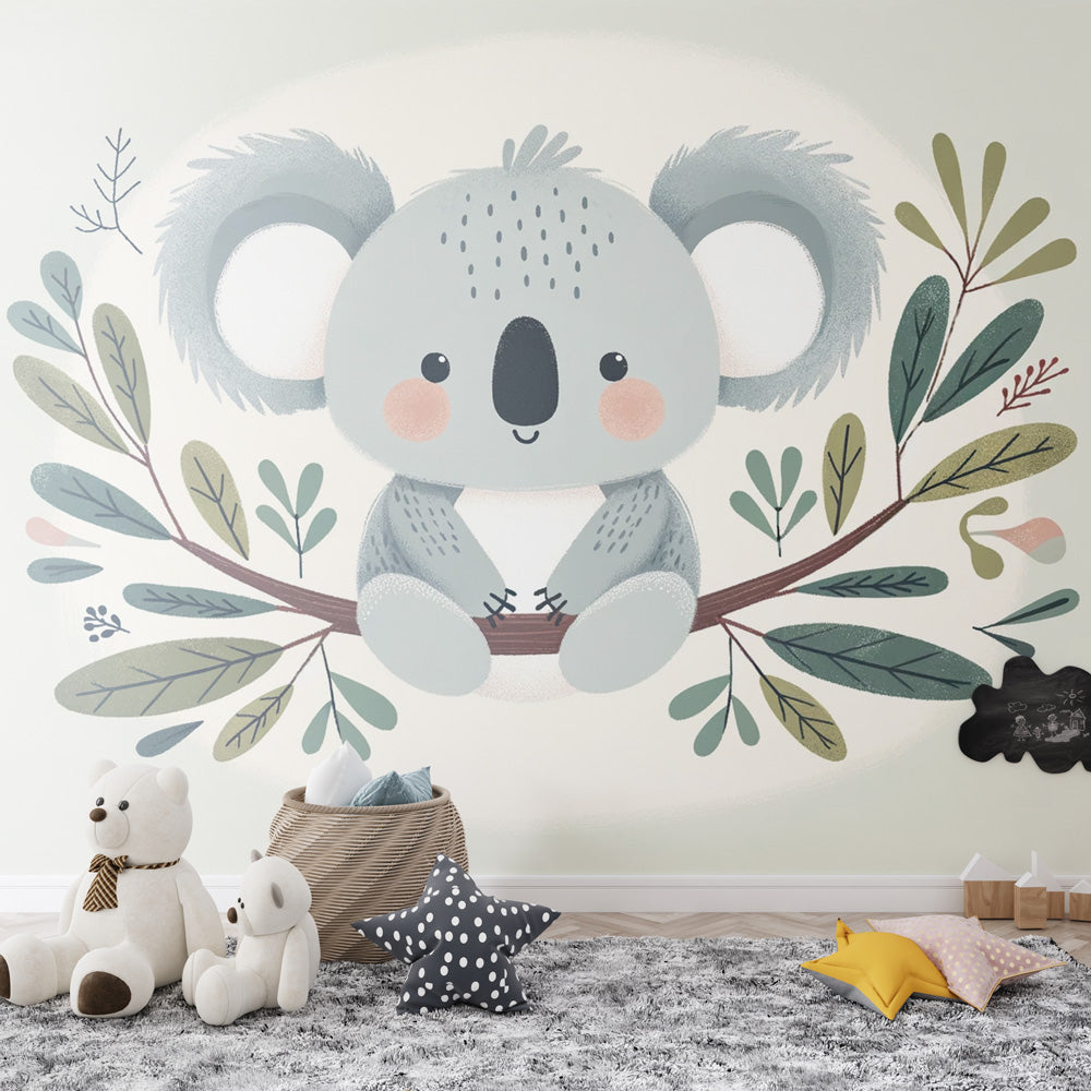 Koala nursery wallpaper creating a peaceful atmosphere in a modern white nursery with natural wood furniture