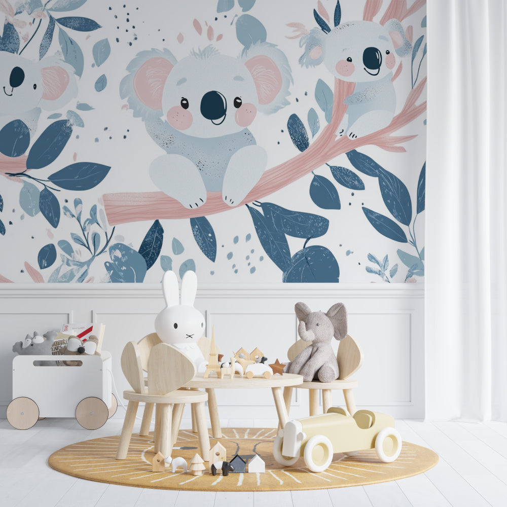 Baby koala wallpaper brightening a cozy reading nook with rocking chair and soft lighting