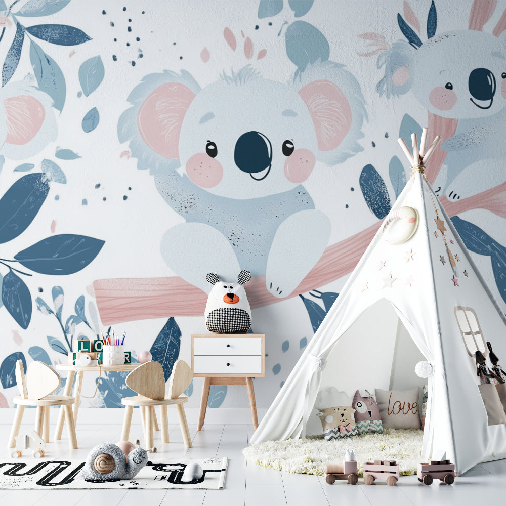 Woodland nursery wallpaper featuring koalas in a minimalist nursery with white crib
