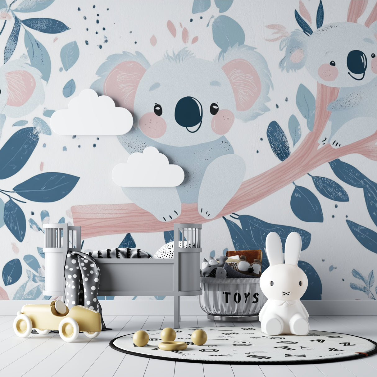 Koala mural wallpaper showcased in a playful children's bedroom with pastel accents