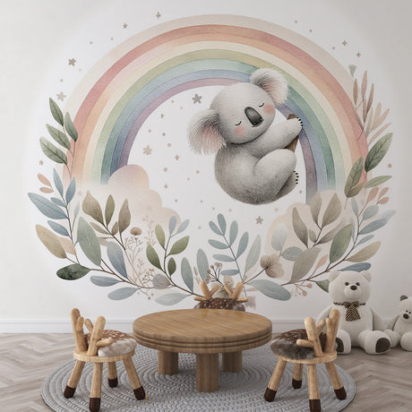 Koala nursery wallpaper creating a soft, dreamy atmosphere in a modern white nursery with natural wood furniture