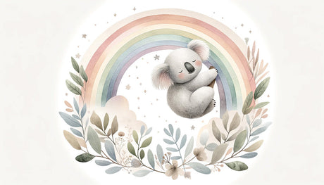 Koala nursery wallpaper design file showing watercolor koala and pastel rainbow pattern