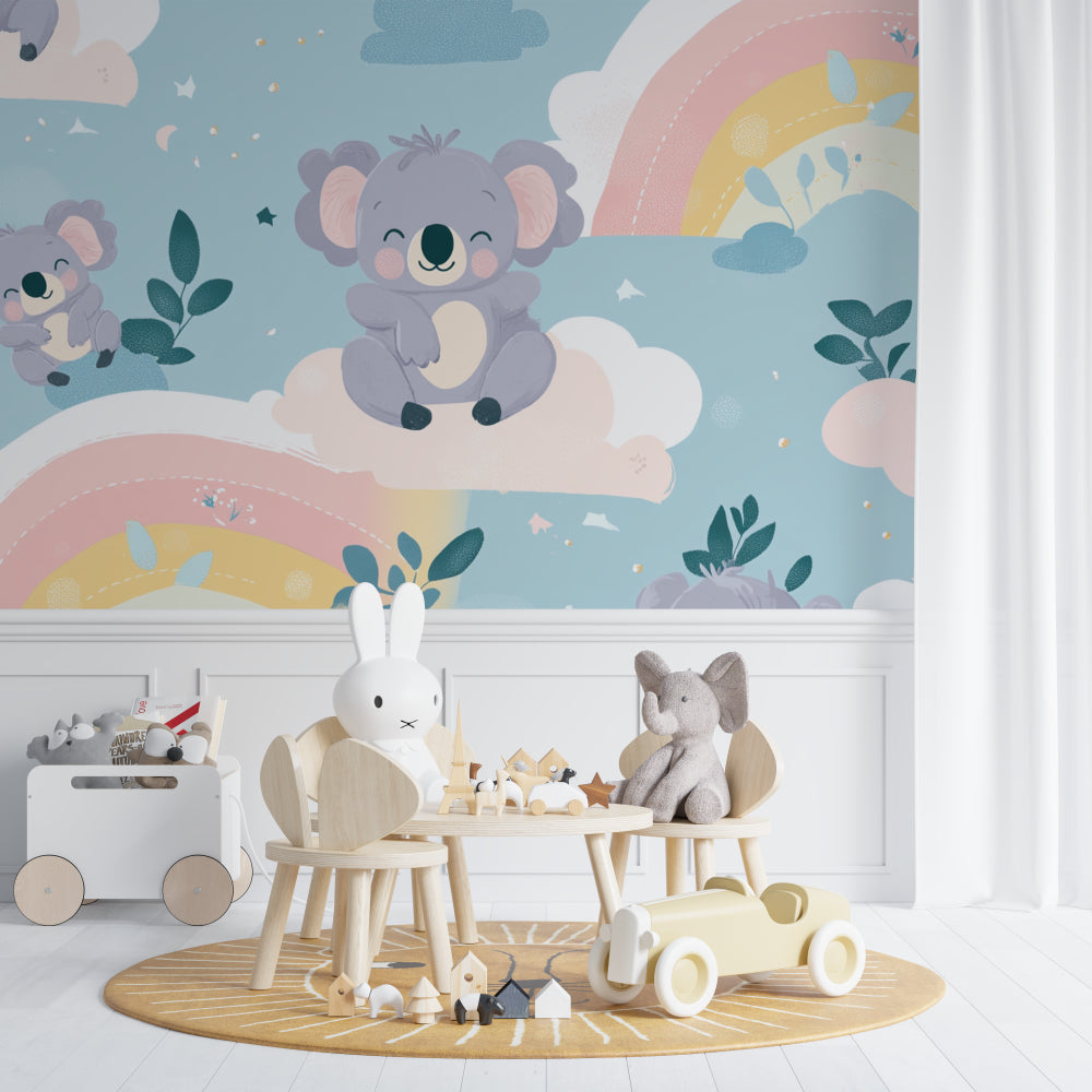 Baby koala wall mural creating a sweet atmosphere in a pink nursery with white crib